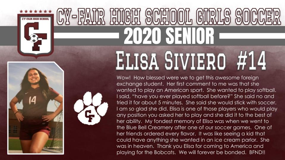 BFNDAthletics's tweet photo. Continuing our recognition of senior athletes, we now introduce our Class of 2020 Cy-Fair Bobcat Girls Soccer players. These senior include Elisa Siviero, Brianna Rodriguez, Ania Mixon and Leslie Amador! #BFND #CFHS2020 https://t.co/Eh3RtQSjWw