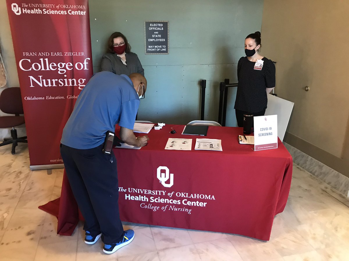 OUNursing's tweet photo. CON Team helping with COVID-19 screening at the Capitol. We will be there for the next couple of weeks. @UofOklahoma @OUMedicine @OKHouseNews  #OUNursing #YearoftheNurseandMidwife https://t.co/NvhKATuCc1