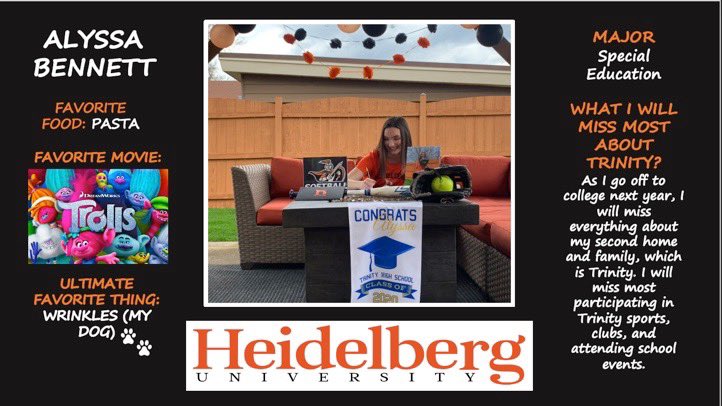 trinSoftball's tweet photo. Senior Alyssa Bennett will be continuing her education and athletic career at Heidelberg University! We will miss her Trinity spirit and hard work both on and off the field! Best of luck Alyssa! https://t.co/AKb2H80om0
