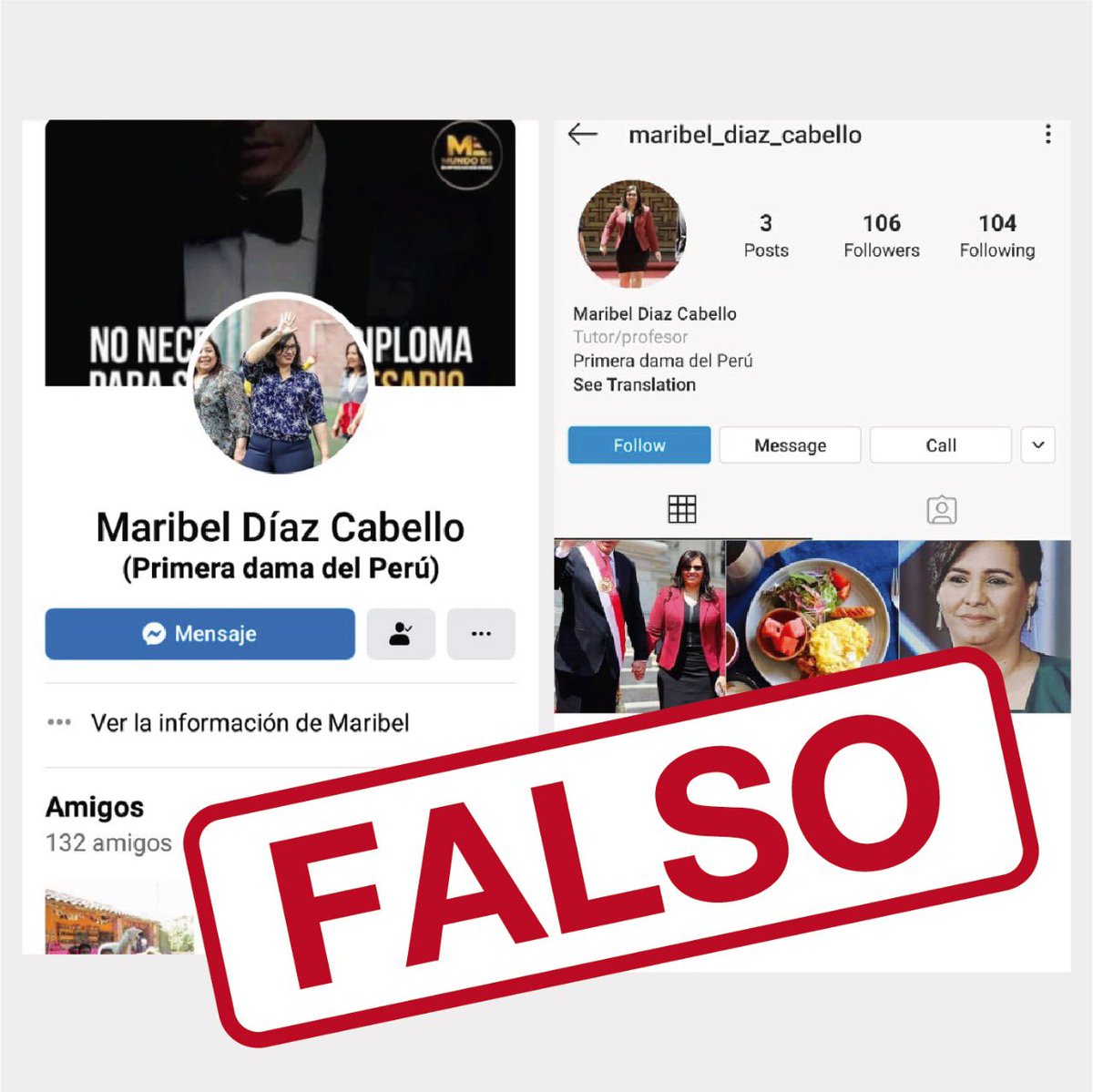 presidenciaperu's tweet photo. Alertamos a la opinión pública sobre la aparición de cuentas en redes sociales que están suplantando la identidad de la primera dama Maribel Díaz Cabello. (1/2) https://t.co/LlWl6lHDea