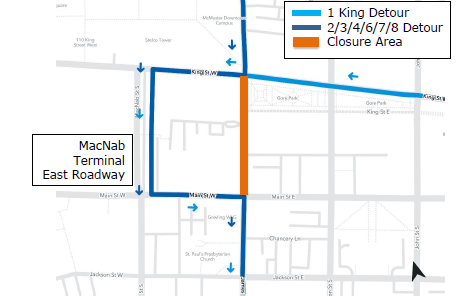 hsr's tweet image. #HSRAlert: #HSR1 #HSR2 #HSR3 #HSR4 #HSR6 #HSR7 #HSR8 will be on detour nightly from 9 pm until 2:30 am starting TONIGHT (May 4) until May 6 due to Utility Work at the James and Main intersection. Details: