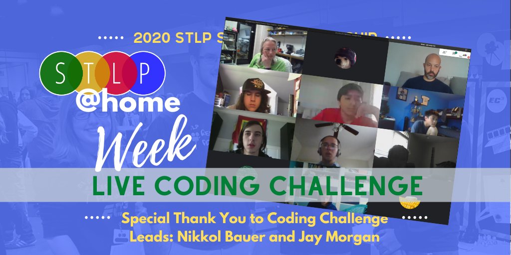 First ever LIVE STLP@Home challenge is wrapping up. STLP Coding Challenge was our inaugural live #STLP20 State competition. TY to all the coders who participated and special TY to <a href="/NikkolBauer/">Nikkol Bauer</a> &amp; <a href="/Morganjayp/">Jay Morgan</a> for reimagining and leading the event. #STLPatHome #KyDLC