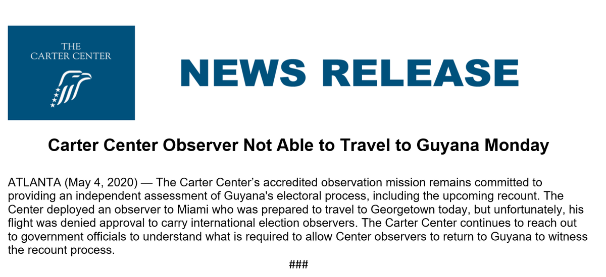 CarterGuyanaEOM's tweet photo. Unfortunately, our observer was not able to travel to Guyana today. #GuyanaElections https://t.co/7o310pas1s