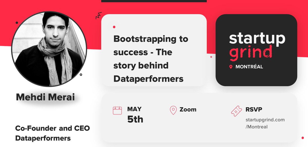 Join us tomorrow 6pm EST for our next event! We will dig into the challenges and benefits of bootstrapping an AI startup with Mehdi Merai from <a href="/Dataperformers/">Dataperformers</a>
Register for this free event: bit.ly/3aXahW5
#startupmontreal #startupgrind #SGVirtual