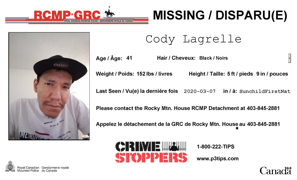 RCMPAlberta's tweet photo. #StillMissing: Cody Lagrelle, 41, #SunchildFirstNation. https://t.co/CVGoEyGeeL