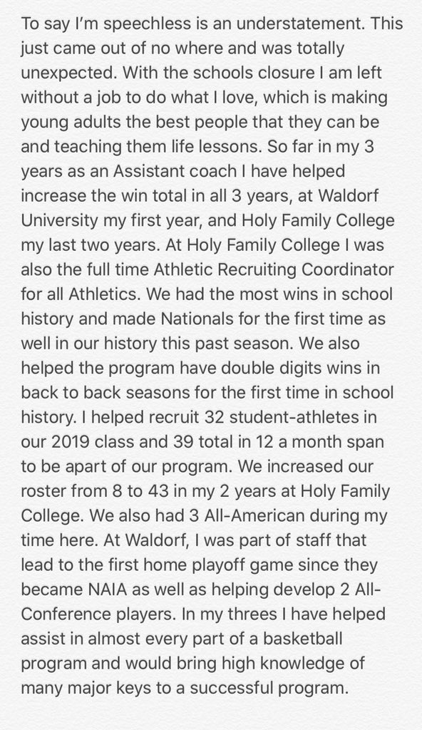 CoachKHoff's tweet photo. Again sickened with the news we got today. Please retweet and share with any connections you have at the college level. Please feel free to reach out to me at anytime. Just want to continue doing what I love! Thanks everyone! https://t.co/6WO1Ws1ewG
