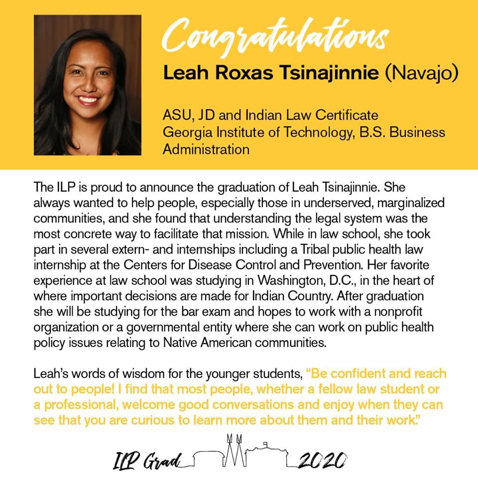 asuilp's tweet photo. Congratulations to ILP graduate Leah Tsinajinnie! We are thrilled to see what she does next.
#ASUILP #ILPgrads2020 #2020NativeGrad #dearNativeGraduates https://t.co/SmgSAvxrIC