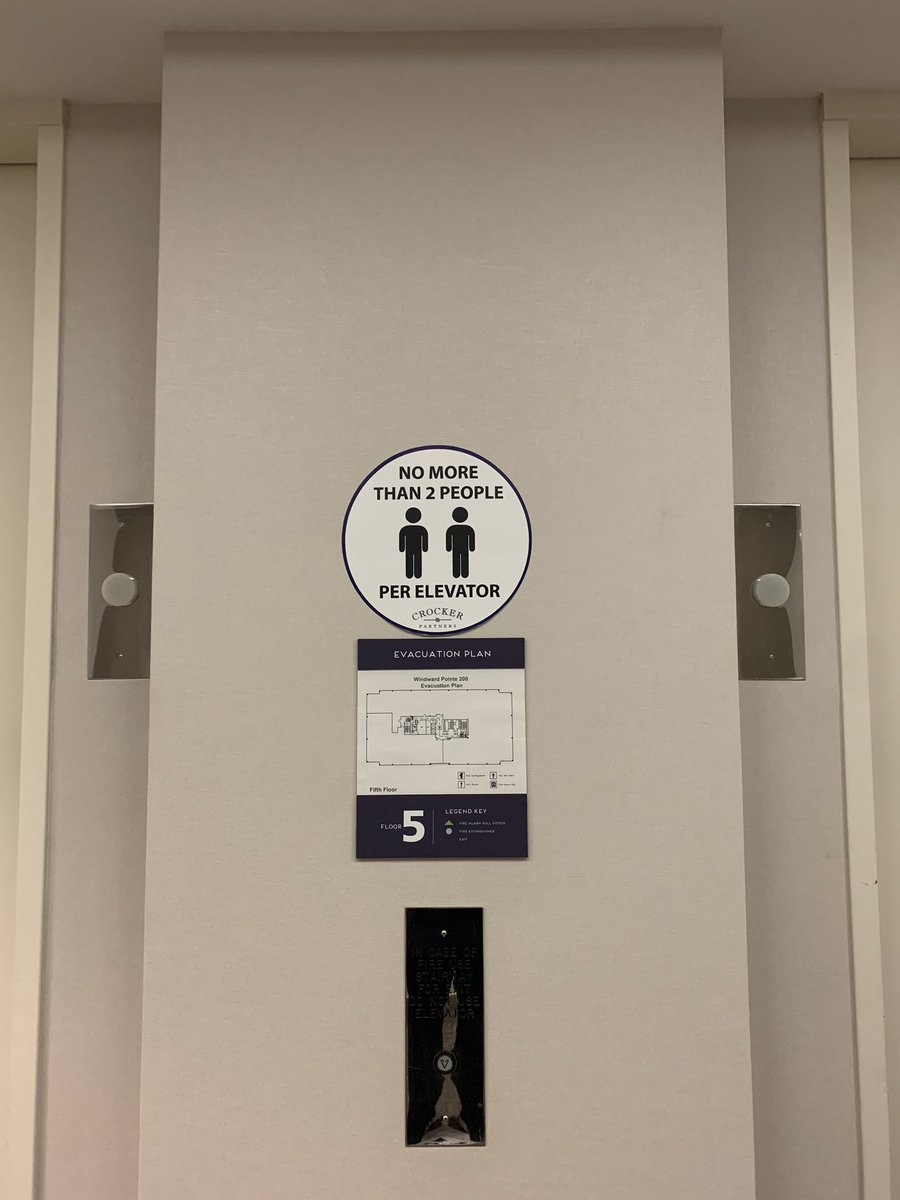 Starting to see these signs pop up in office buildings.  What happens when fifty people are now waiting in lobby for elevators?  #cre #coronavirus