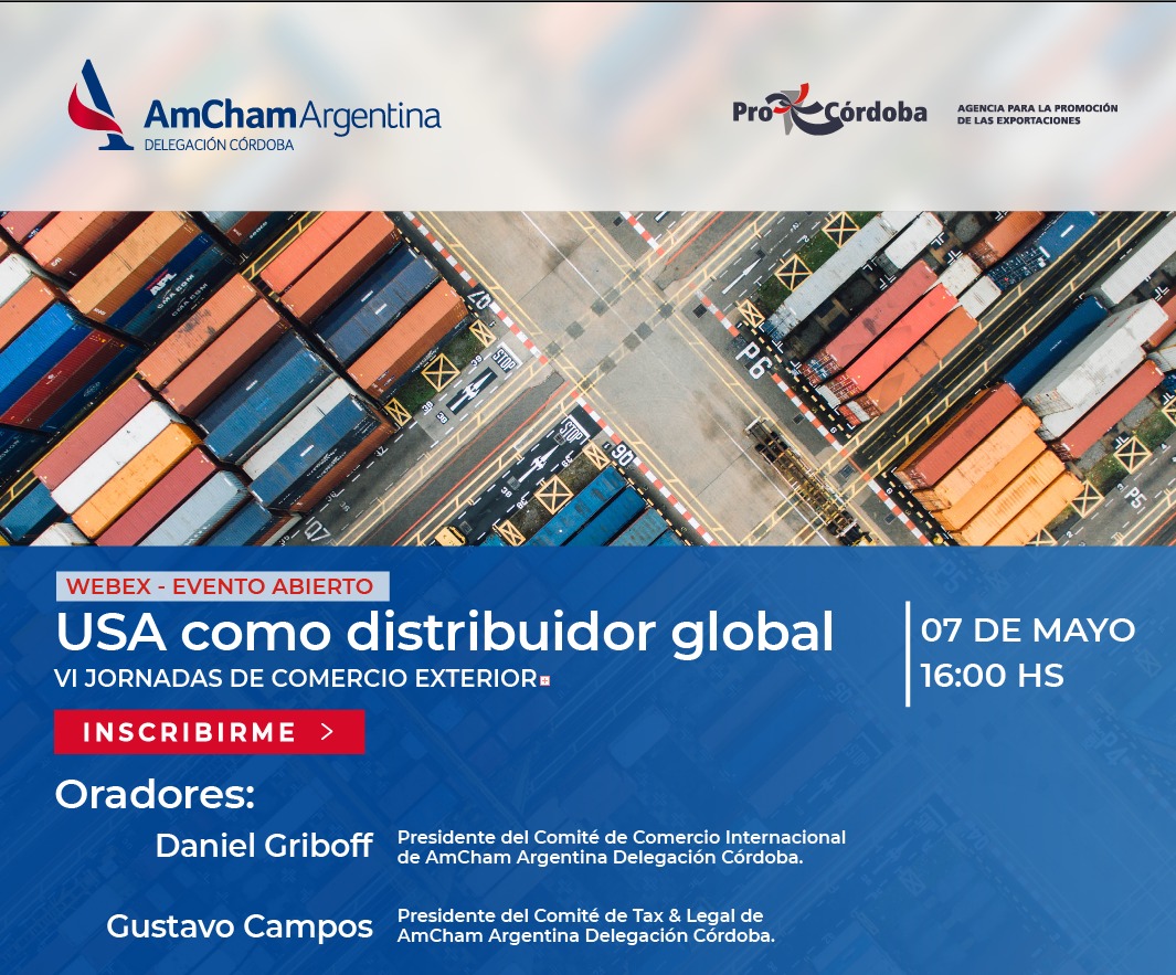 Los invito al evento "USA como distribuidor global" en el marco de la 6° edición de las #JornadasMayo2020 #Comex organizadas por <a href="/AgenciaProCba/">Agencia ProCórdoba</a> 
Oradores de <a href="/AmChamArgentina/">AmCham Argentina</a> #DelegacionCordoba
* Jueves 07/05 a las 16 hs.
📍Inscripción: bit.ly/2SzvvmA 
💻 WEBEX ABIERTO