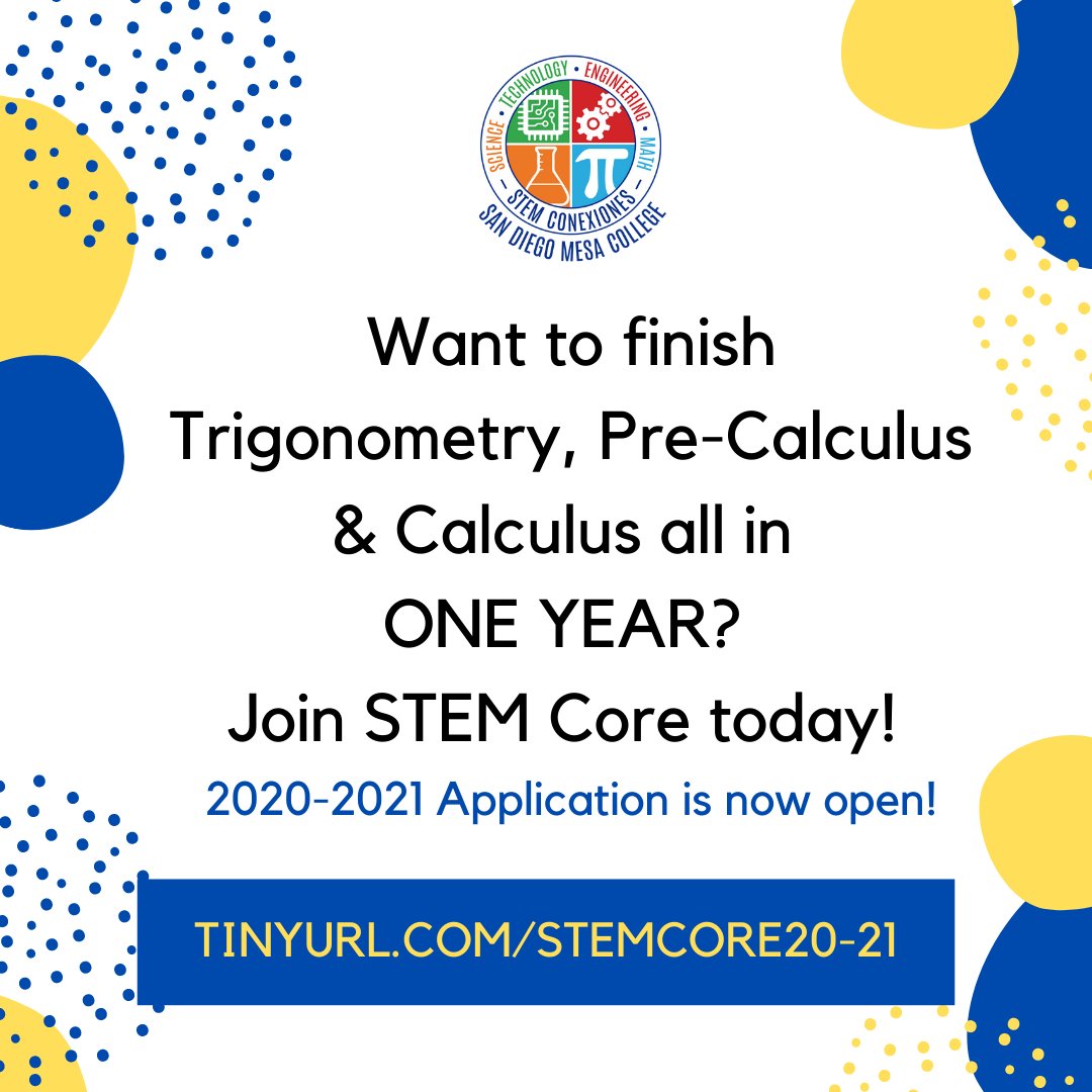 sdmesaSTEMConex's tweet photo. Join STEM Core today!
For more information visit the Mesa College STEM Core website. #STEMConex
https://t.co/zX7HqRa7gu https://t.co/Mg3zIJ4Q39