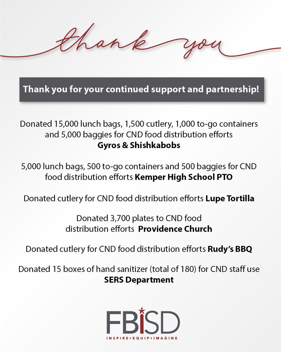 FortBendISD's tweet photo. Thank you to our community partners. Their supply donations have helped our child nutrition staff feed over 11,000 students each day! https://t.co/Lcs83koB2q