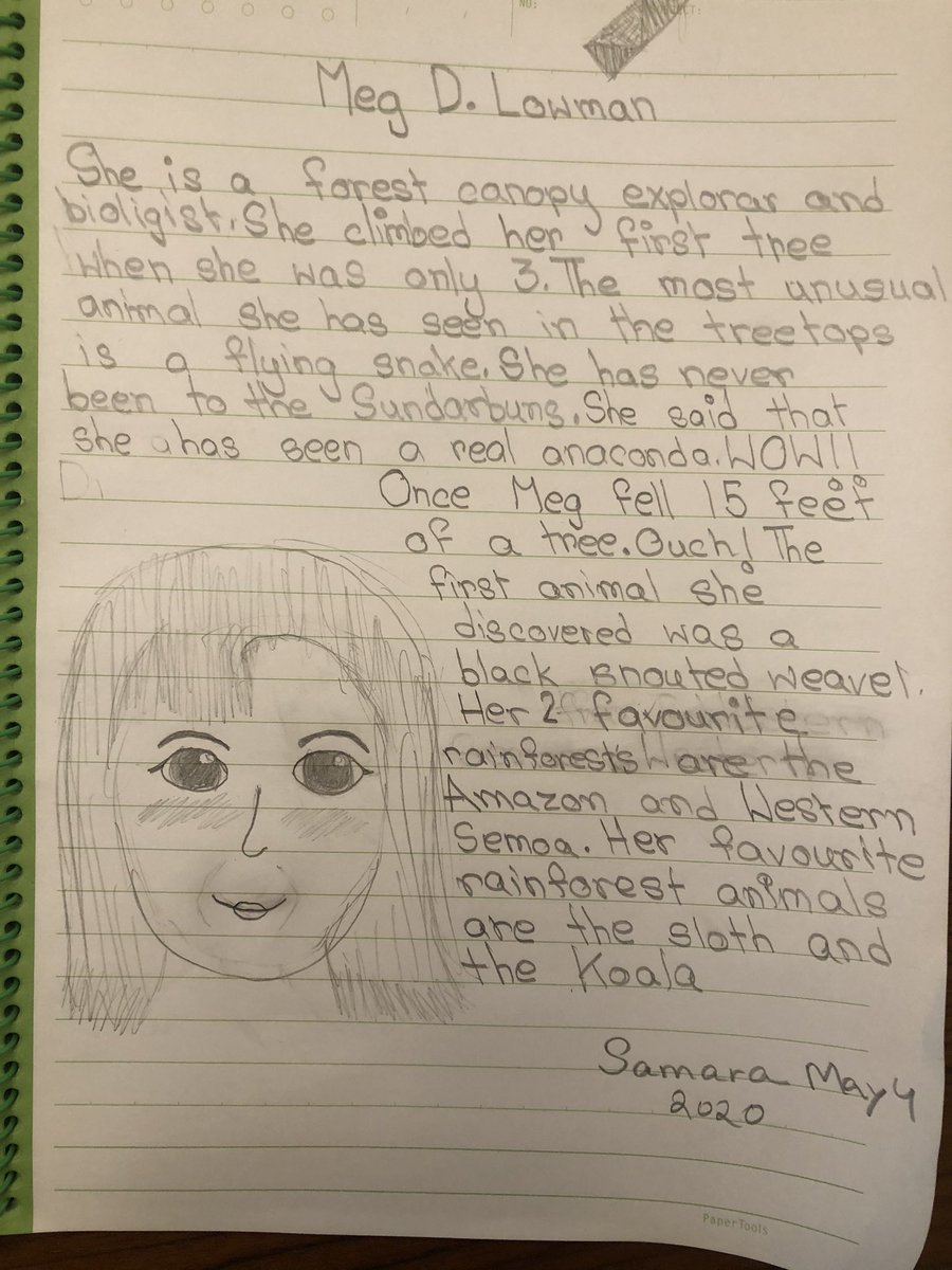 PriyaniMalik's tweet photo. Yes another set of write-ups from 9-year old Samara. Thanks for today’s terrific session on #rainforests live with @canopymeg @NatGeoEducation #zoom #ExplorerClassroom #YouTube. Thanks Celeste Harrison for being a great host! https://t.co/jrlnBF3XpJ