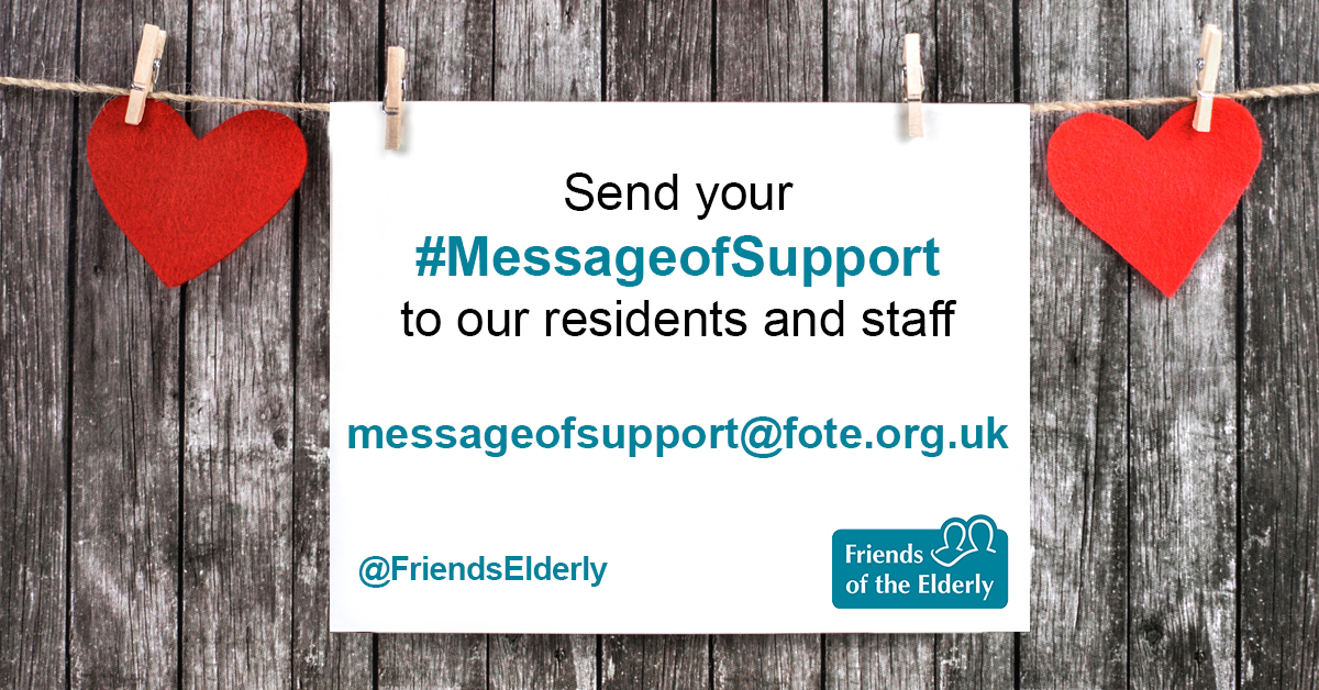 FriendsElderly's tweet image. Do you have a positive message to share with residents and staff at our #carehomes? Perhaps an #inspiring quote, your child&apos;s painting or your favourite joke! Use #MessageofSupport or email messageofsupport@fote.org.uk. Thank you ❤️