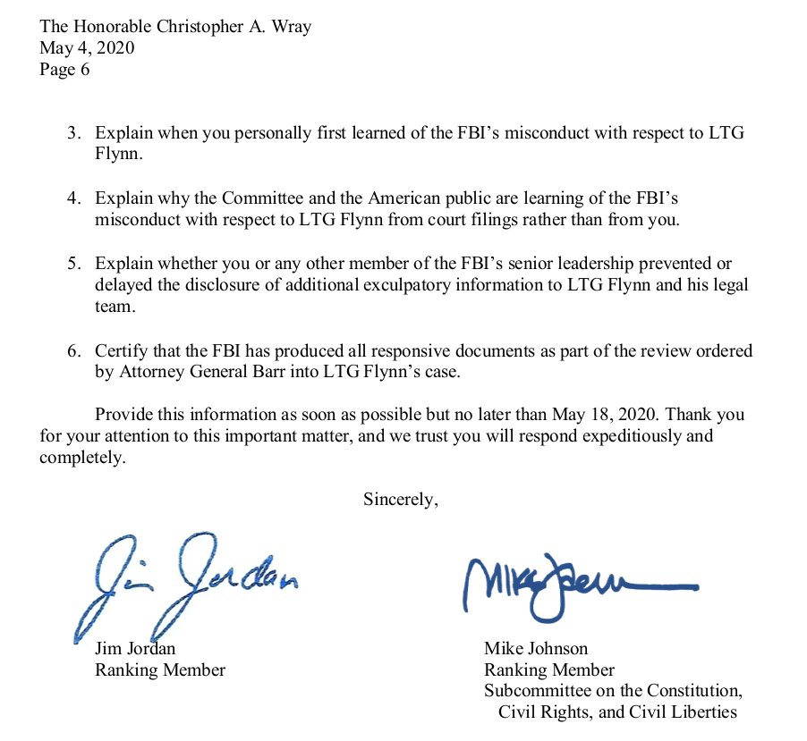 5/4/20 House Republican letter to FBI Director Wray: Produce all documents on the operation against Flynn, including the Flynn/Kislyak call. Provide Pientka and Priestap for interviews. Explain the FBI's conduct in targeting Flynn and hiding the evidence. ht @gregg_re