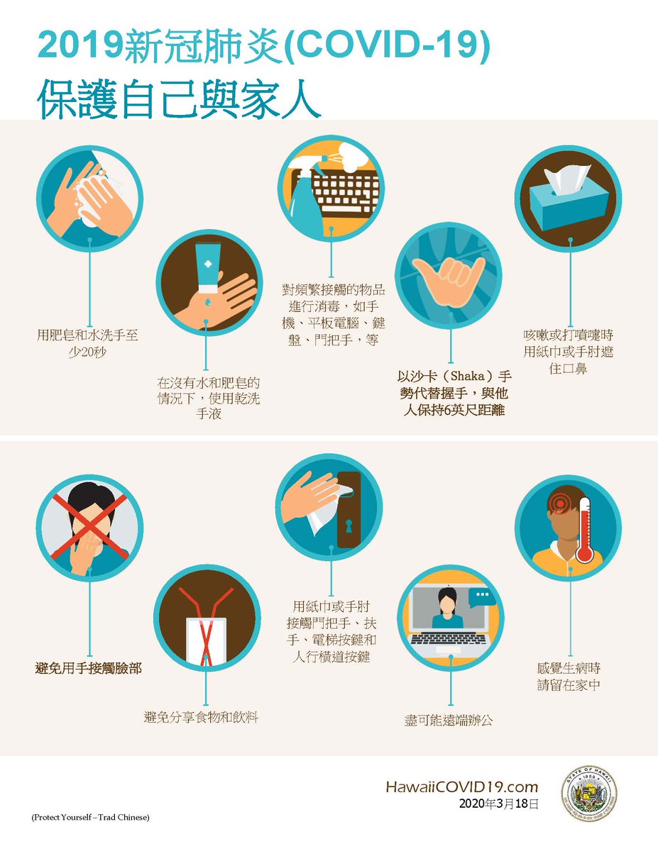 hands washing, hand sanitizer, disinfect keyboard, shaka instead of handshakes, tissues for sneezes, avoid touching your face, avoid sharing drinks, tissue to touch buttons, telecommute on laptop, stay home if sick