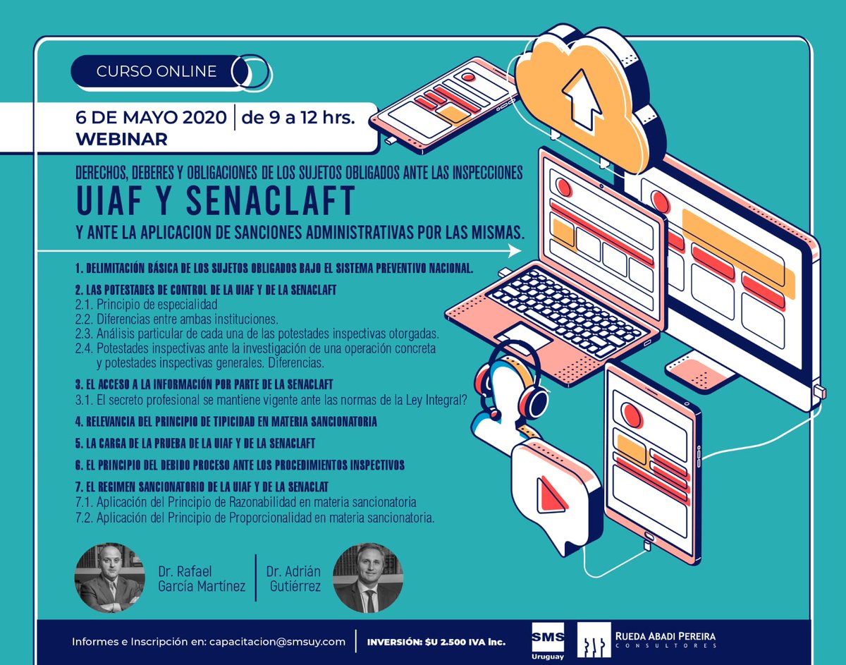 RAP_Consultores's tweet photo. Rueda Abadi Pereira y SMS Uruguay le invitan este 06/05 a las 09 hrs a participar del curso online sobre derechos, deberes y obligaciones ante inspecciones de UIAF y SENACLAF. Reservá tu lugar: https://t.co/BhWiWUUIyN https://t.co/RQVIWVLAtu