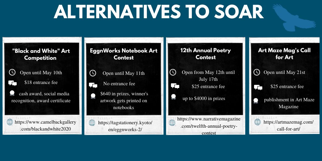SOARsou's tweet photo. Are you looking for ways to publish your creative work? Here are some opportunities to take part in creative writing and artwork contests. Find more information at https://t.co/32Th84mPOU. https://t.co/GEqpoCISN5