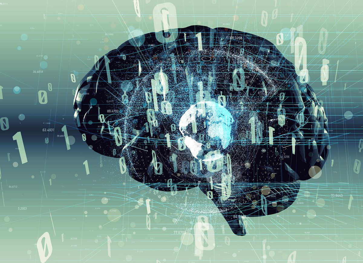 Illustration of a brain calculating numbers with the earth at its core