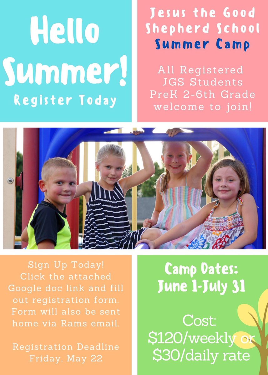 jgsrams1's tweet photo. JGS Summer Camp is now open for registration and is planning to start June 1, 2020.
Please click the attached Google doc link below and fill out the registration form for your JGS student. 
https://t.co/lXML2bPZsl https://t.co/9fb4ARppNo