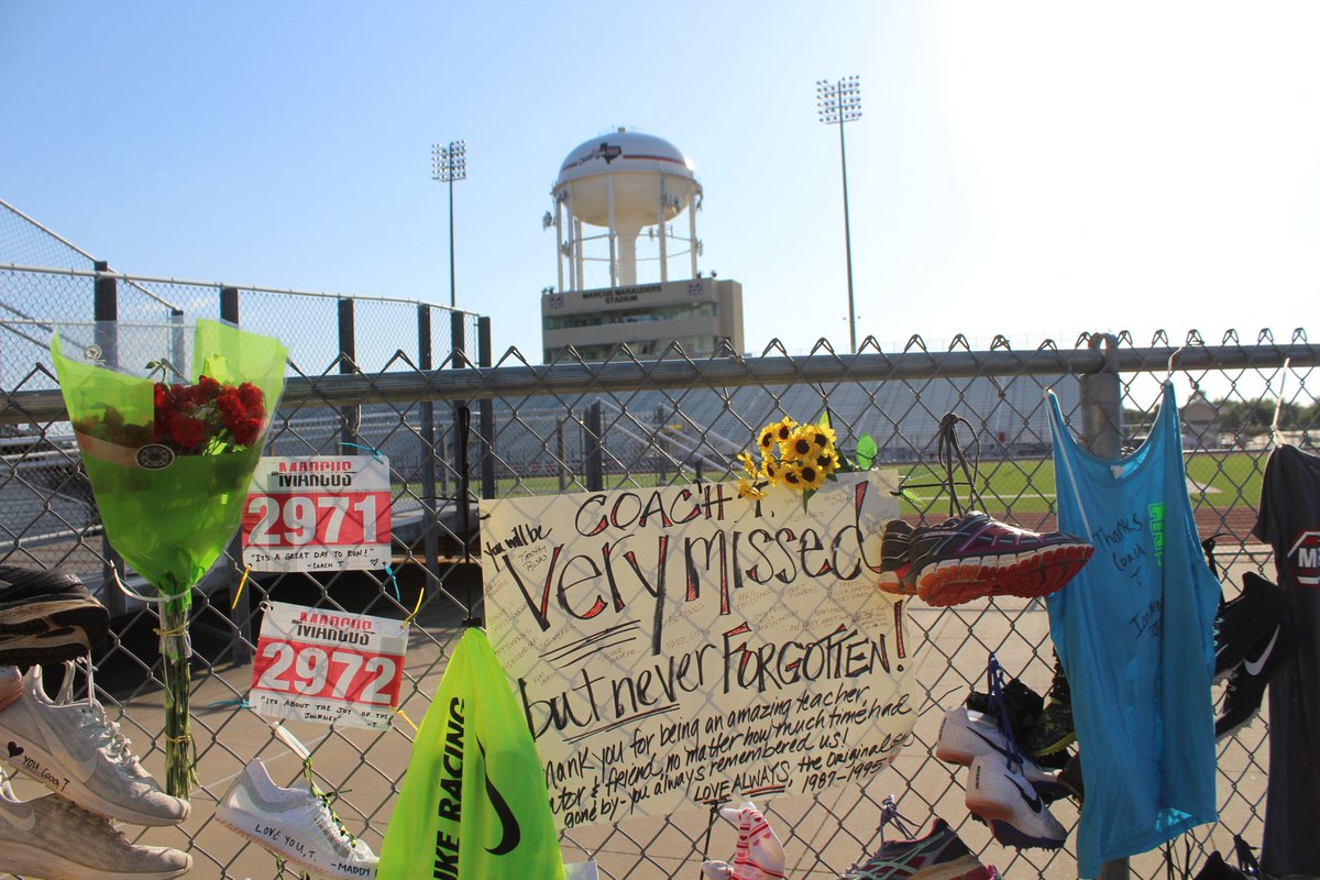 kylealansmith's tweet photo. This is a memorial to honor Coach T who we lost last week unexpectedly. What an honor and privilege to work with Coach Telaneus. This man was special - we are all better for knowing him, working with him, running for him, or just being around him. RIP Coach #MarcusPride https://t.co/cpTjgjeRwq