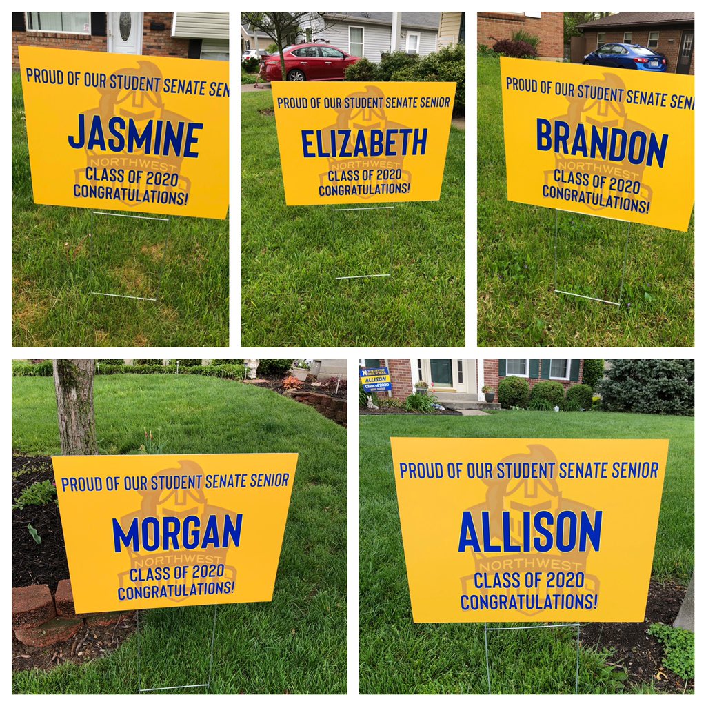 NorthwestSenate's tweet photo. Student Senate Senior Recognition Week! We kicked off our week delivering special yard signs to our Senate Seniors! We are so proud of you and can’t wait to celebrate with you! 💙💛💙💛 https://t.co/cphjF1JcqA