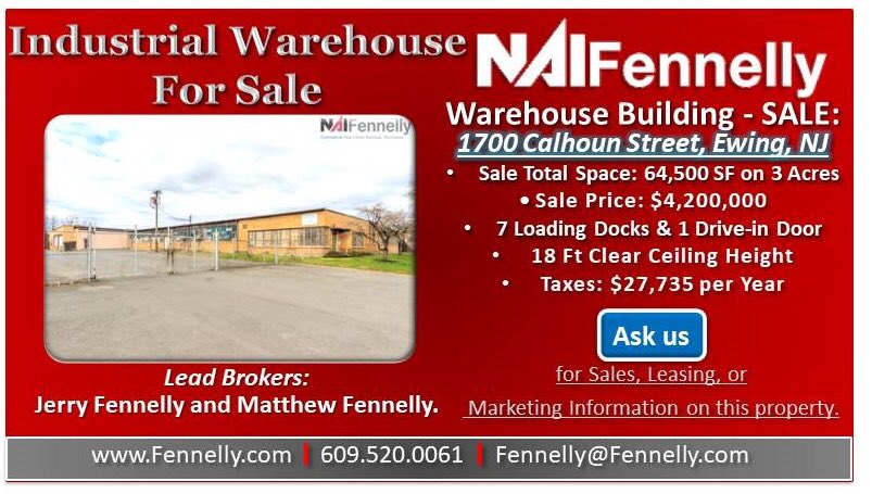 FennellyCRE's tweet image. ⭐️Sale &amp;amp; Lease: Industrial Property in the Market⭐️ 
📍1700 Calhoun Street, #EwingNJ. 
- 64,500 SF
- 7 #LoadingDocks
- 1 Drive-in Door
- 18 Ft Ceiling height
- Easy Access to Route 1 and 2-95 - 45 Mins from NYC and Philadelphia 
☎️Call 609.520.0061 #Industrial &amp;amp; #Warehouse. #CRE