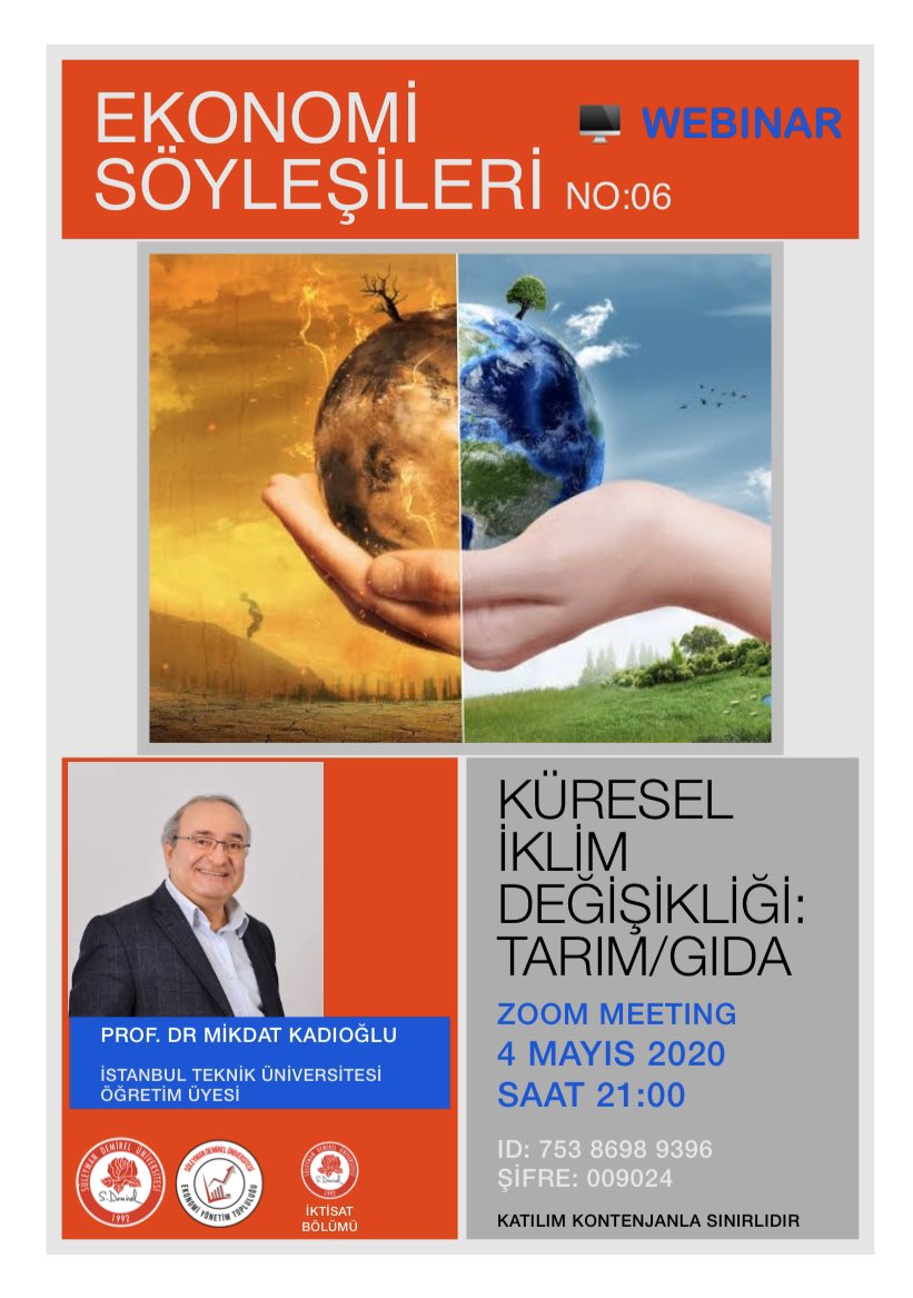 Ekonomi Söyleşileri No:06 (webinar)da bu akşam Prof.Dr. Mikdat Kadıoğlu'nu @Mikdatca ağırladık.Hocamıza Küresel İklim Değişikliği Tarım/Gıda konulu etkili konferansı için teşekkür ediyoruz. 👏🏻👏🏻👏🏻

📌Hocamızı en yakın zamanda üniversitemize bekliyoruz🙏🏻
#sdu #ilhamverenüniversite