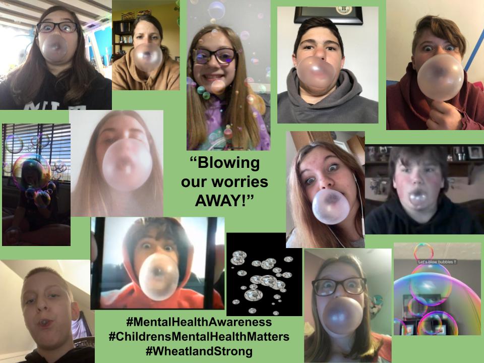 Our Mindful Monday activity for #ChildrensMentalHealthAwarenessWeek 'Blow your worries away!' We had fun blowing the biggest bubble w/ bubble gum and using an AR Bubbles app!  Lots of laughs this morning!  #wcsFlight