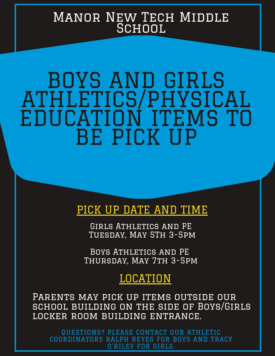 Boys and Girls Athletics/PE Items Pick Up!!
You can come and pick up your child’s athletic and/or PE items retrieved from their lockers. For more details on the guidelines and instructions on how to pick up your child(ren) personal items click here: tx50000414.schoolwires.net/Page/5523