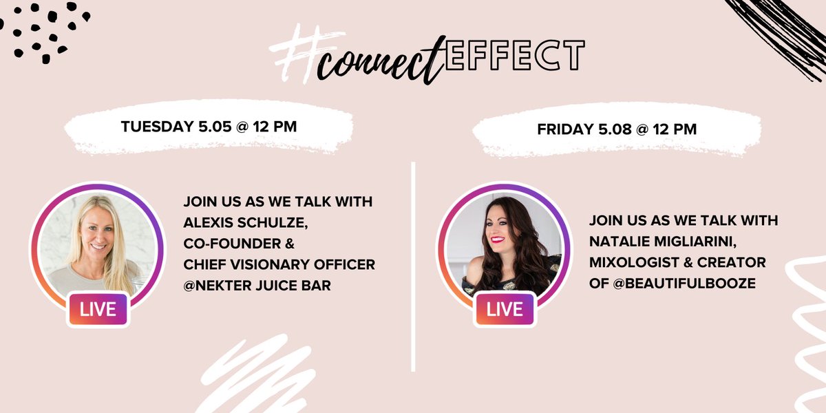 margaux_agency's tweet photo. #ConnectEffect is back this week and boy, do we have some treats up our sleeve for you! 🙌🏼 tomorrow 5/5 we have Co-Founder and CVO of @NekterJuiceBar and on Friday 5/8 we have a quarantine bartending class with @beautifulbooze! See you on IG Live! https://t.co/4YaymPR19O