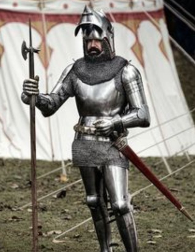 HubAncient's tweet image. A late 14th century knight, carrying a halberd has made a bad choice in raising his mask in these times of dire plague. 
#COVIDー19 #COVID19 #history #medieval #knight #armor #warrior #platearmor #plague #europe #european #middleages