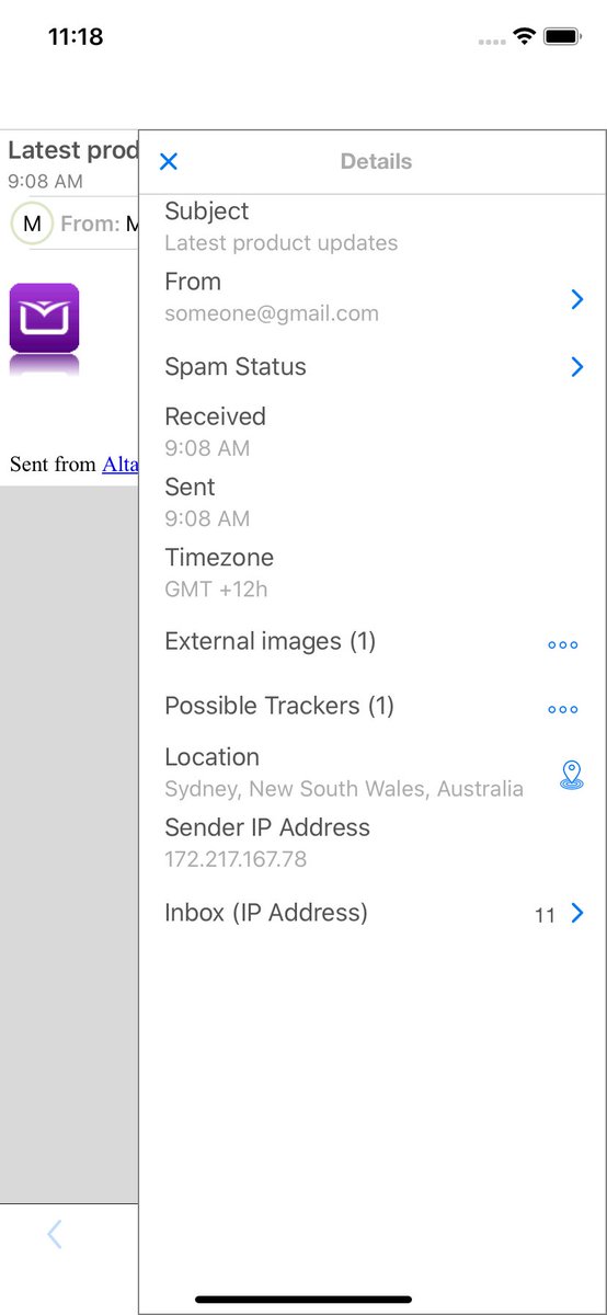 EuroSmartz's tweet photo. The new AltaMail https://t.co/X8Hw8A3nHn update includes a new "Details" feature with the location where the email was sent from, sender timezone and features for detecting spam and remote trackers. #altamail #iOSAppStore https://t.co/69V4gAQP1K