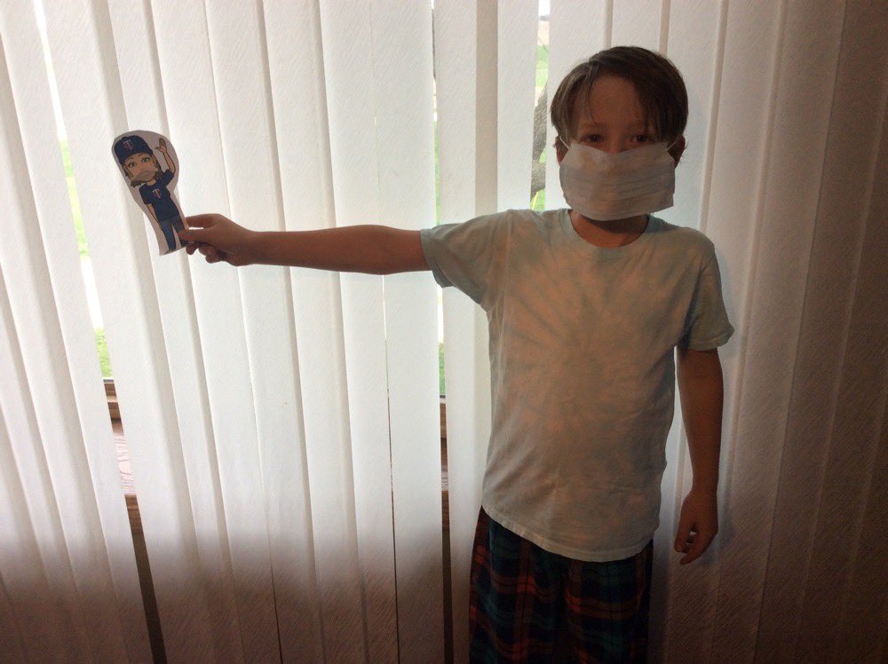 2ndgradebv's tweet photo. We are doing a flat teacher project! My kids have a bitmoji character of me! They have to do stuff this week with me and take photos. He made me a mask and is spacing us apart. I can’t wait to see the other adventures I go on! #flatteacher #heisprotectingme #thisisreality https://t.co/X6BPZQJk4F