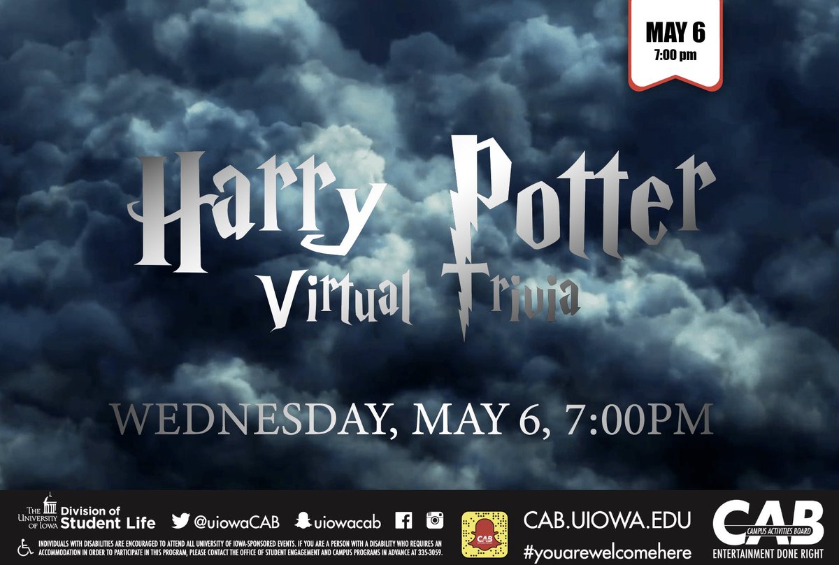 Come test your knowledge on all things Harry Potter! From He-Who-Must-Not-Be-Named to the Sorcerer’s Stone, we’ll be sure to have you stumped!

Accommodations: cab@uiowa.edu or 319-335-3059