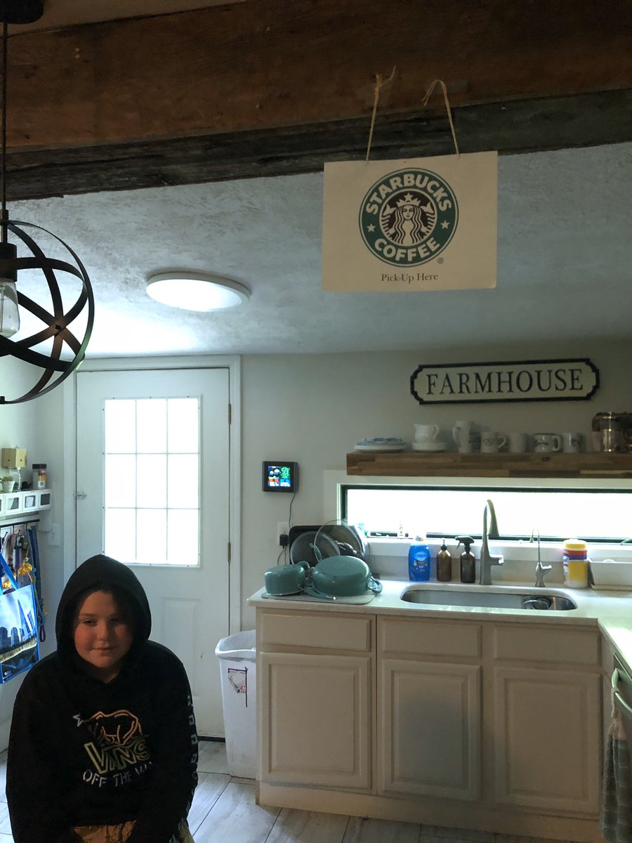 Creativity4You's tweet photo. Made me cry, our 11 year old stayed up late &amp; woke up super early to surprise his dad &amp; I to by recreating a @Starbucks in our kitchen since we’ve been missing it durning #quarantine 💕 #SGN @johnkrasinski @somegoodnews https://t.co/uCOZz0s0g8