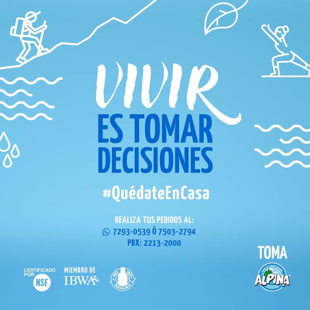 AguaAlpina's tweet photo. Tomar agua no solo te refresca y calma la sed, sino que también te mantiene saludable. ¡Vivir es tomar decisiones! No salgas de casa. 💦🚚

Realiza tus pedidos por nuestro WhatsApp 7293- 0539 o 7503-2794 o llámanos al 2213-2000. 📞

#AguaAlpina #QuédateEnCasa #LibreDeBPA https://t.co/XhT91klmsg