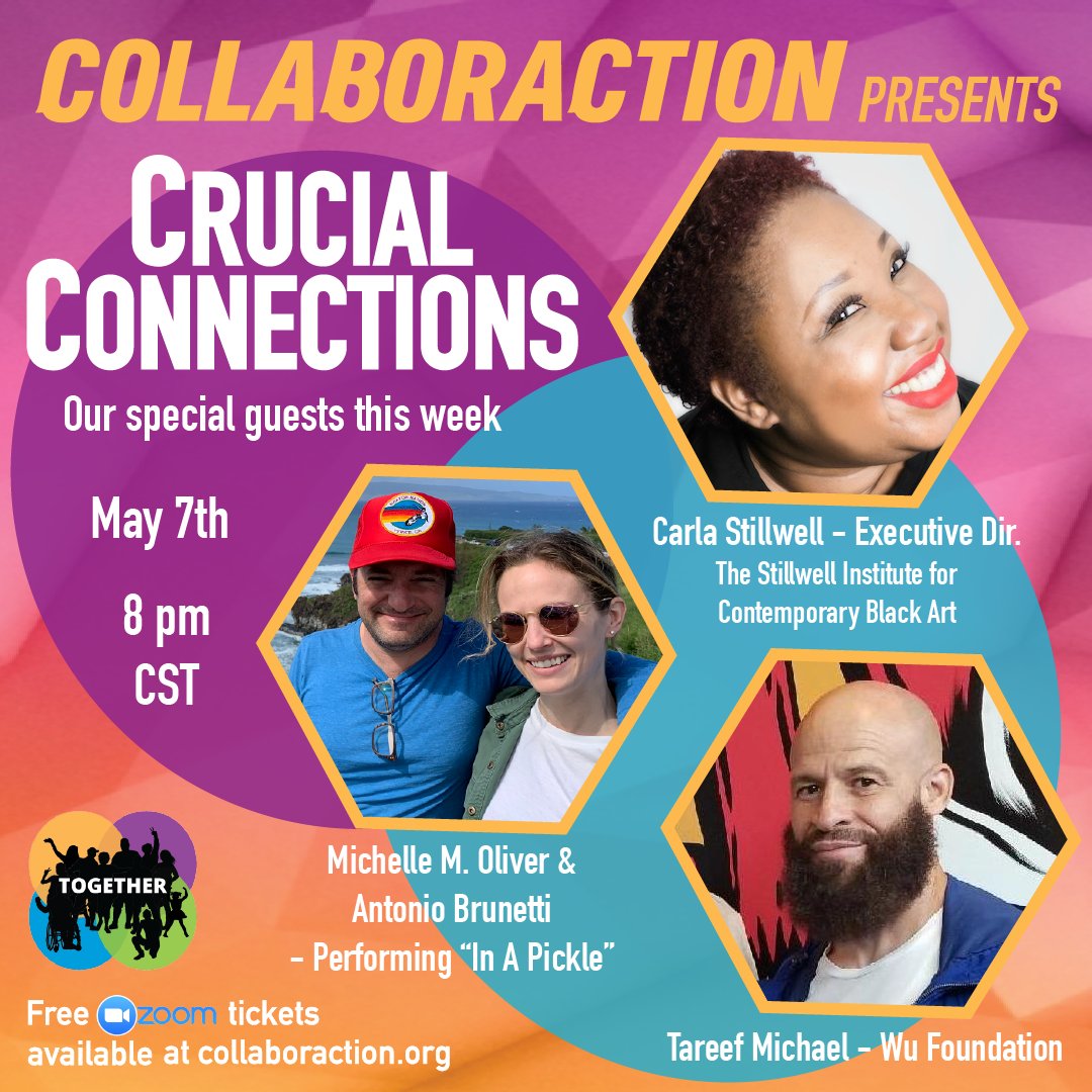 Collaboraction's tweet photo. See y'all on Thurs @ 8p CT for Crucial Connections! On deck: Carla Stillwell - Playwright/Director, Tareef Michael - Wu Foundation Co-Founder/WuTang Clan GM w/halftime show by Michelle M. Oliver &amp; Antonio Brunetti. Free tix: https://t.co/pv6ASNv3hh
#togethernetwork #wutangforever https://t.co/kSvv7d7c5x