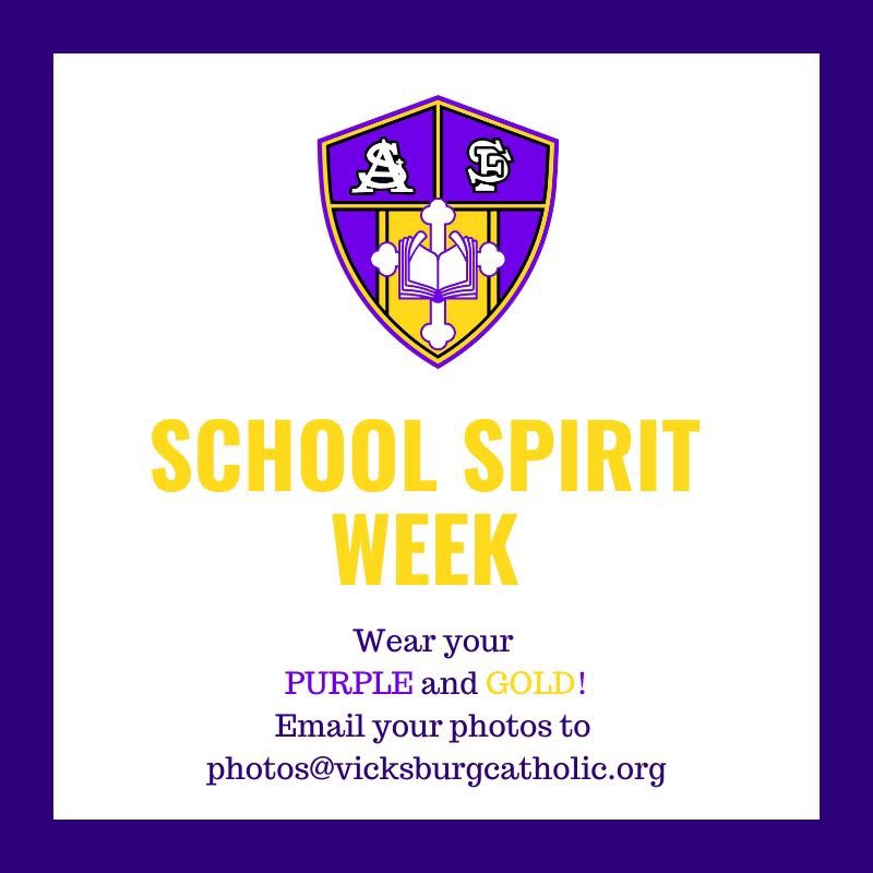 VburgCatholic's tweet photo. WE HAVE SCHOOL SPIRIT, YES WE DO, WE HAVE SCHOOL SPIRIT, HOW ABOUT YOU?
Wear your 💜PURPLE💜 and ⚡️GOLD⚡️ this week in honor of our last week of #FlashesDistanceLearning!
Email your #schoolspirit photos to photos@vicksburgcatholic.org. We want to see our #FlashesFamily! https://t.co/zjgbPsZIKg