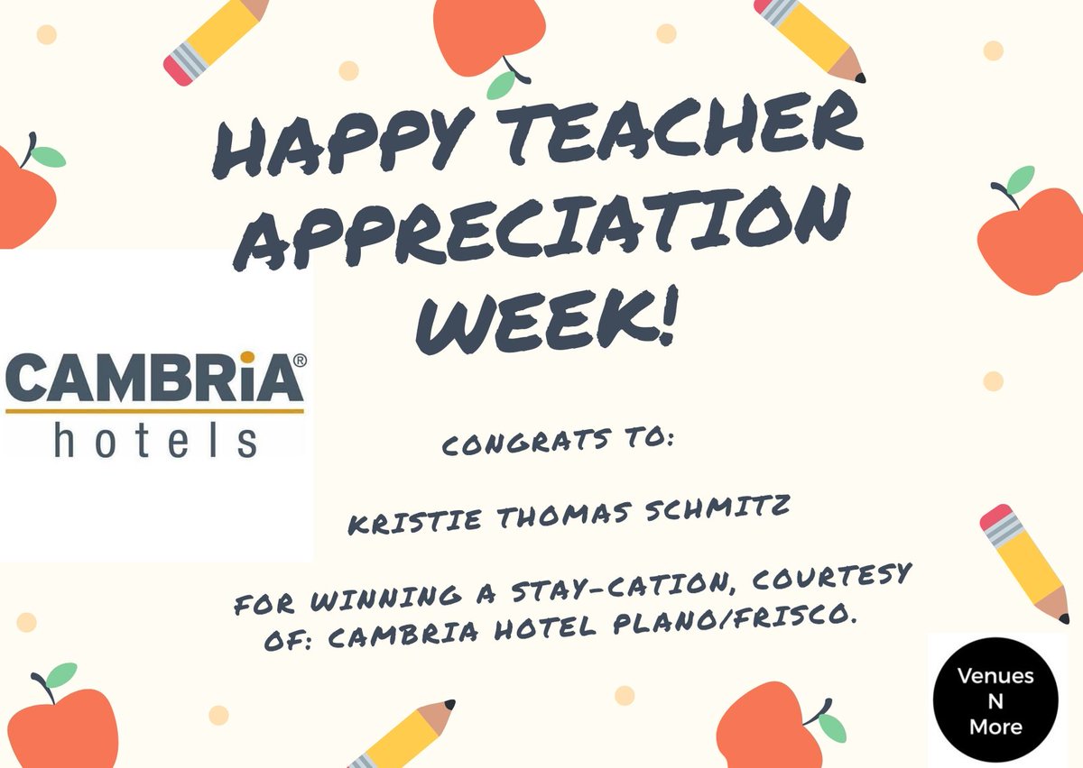 VenuesNMore's tweet photo. Happy Teacher's Appreciation Week! 🍎🍎🍎🍎

In honor of all the AMAZING teachers out there, we drew a nominated teacher to win a stay-cation courtesy of: @CAMBRiAPlano!

Congrats to Kristie!

#TeacherAppreciationWeek #giveaway https://t.co/MVyOoTaQWl