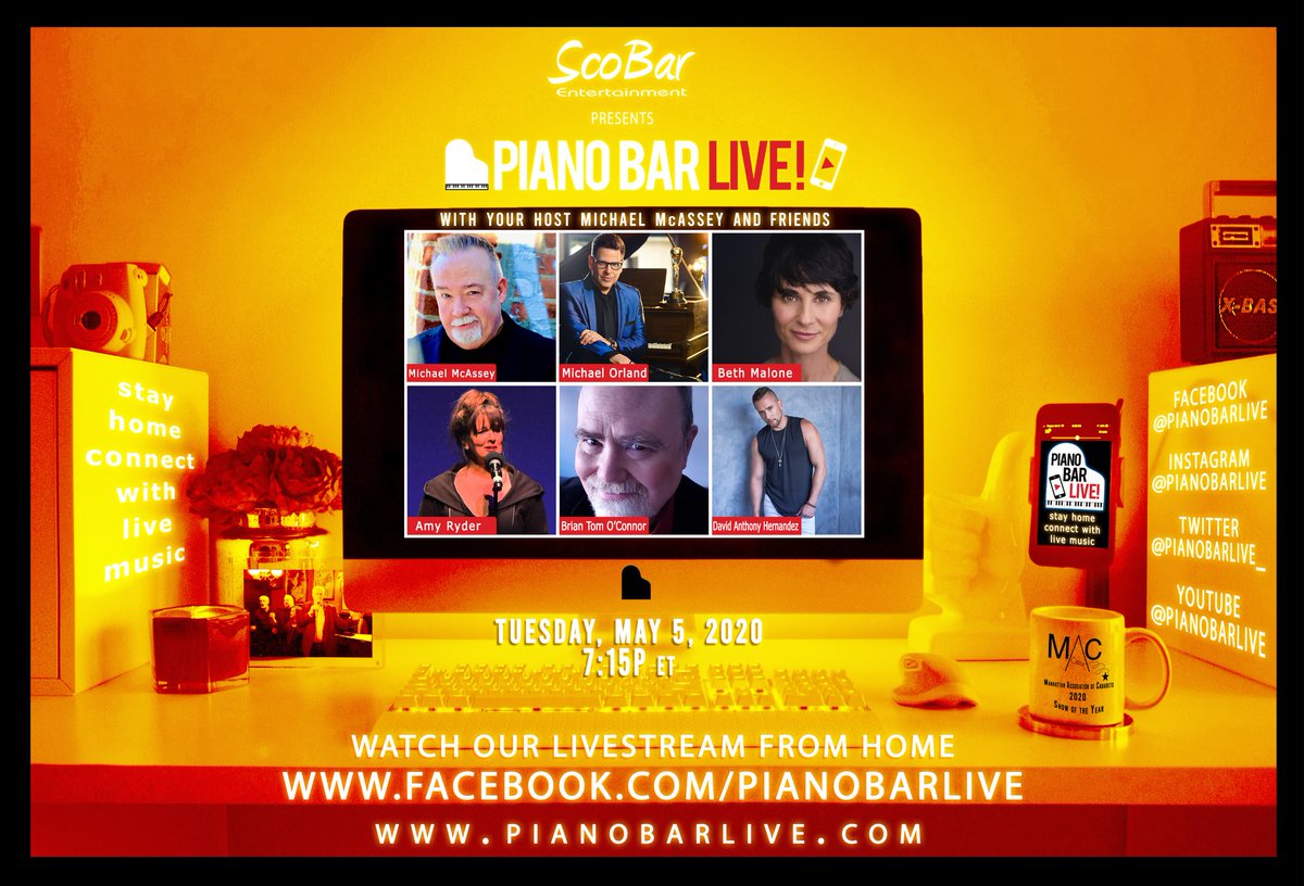 Log on tomorrow when Piano man @Michael_McAssey hosts PBL! @ Home Edition this Tue, May 5 at 7:15p ET, following NYC’s 7p Cheer. This week’s guests will be @MichaelOrland, @heebyfluff, Amy Ryder, @DHernandezMusic & Brian Tom O’Connor. Facebook.com/pianobarlive