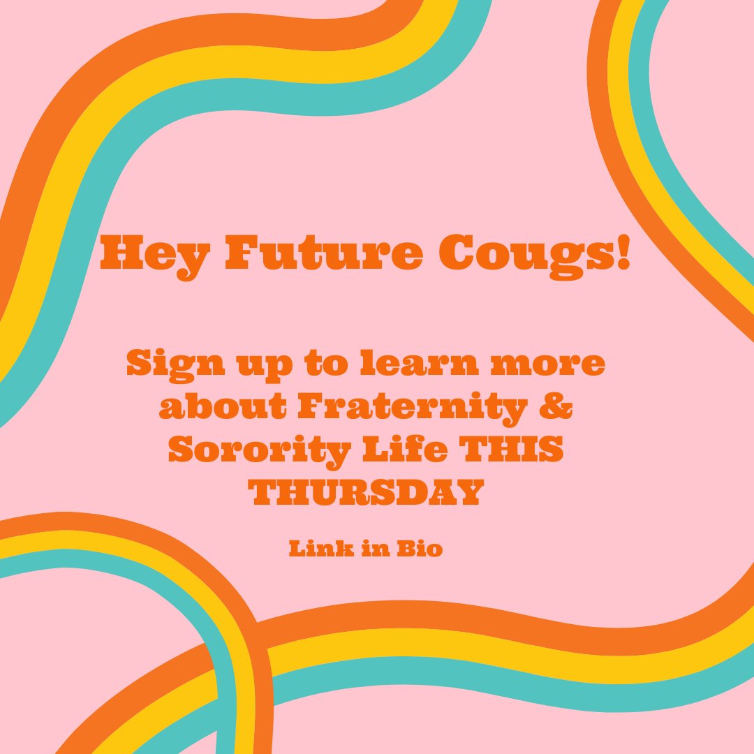 WSUFSL's tweet photo. This Thursday we’re presenting LIVE virtually about everything you ever wanted to know about Fraternity &amp; Sorority Life at WSU! Sign up at the link in our bio and we hope to see you this Thursday at 11:00AM! 🌈😍🔆 #GoCougsGoGreek #FindYourExtraordinary https://t.co/4y3uLRsu3G