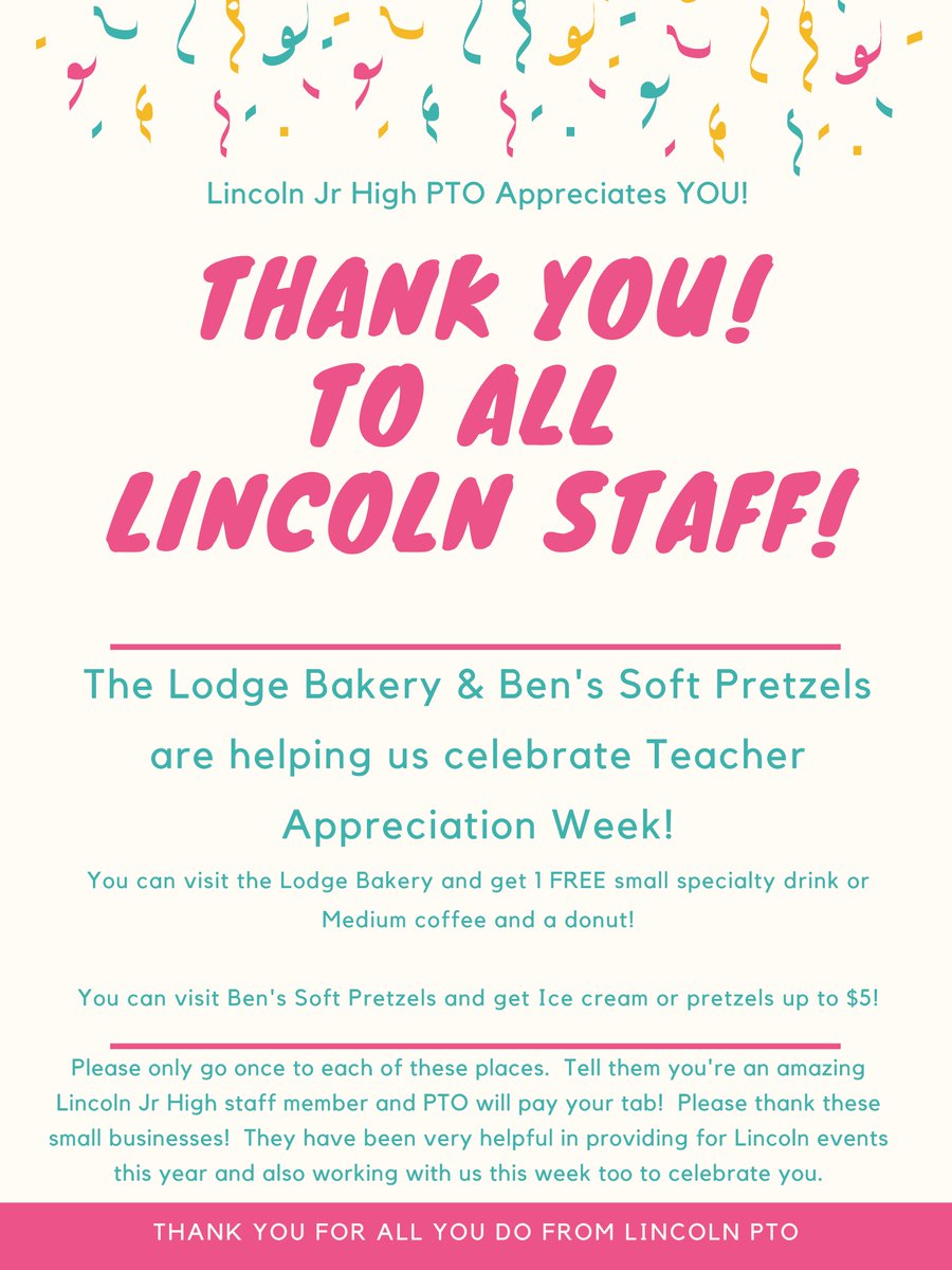 TEAMLJHS's tweet photo. Thank you teachers for going above and beyond for your students this week and every week. In honor of #TeacherAppreciationWeek #teamljh teachers, our Lincoln PTO has this surprise for you. Enjoy!
#PCSCweCARE https://t.co/r1zWm2SpB5