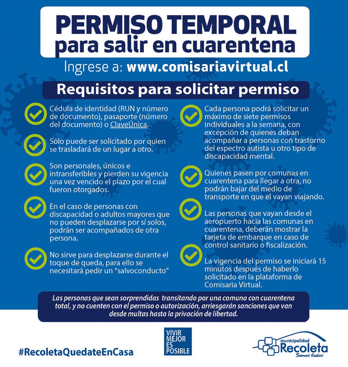 ¡Vecinos y vecinas!
Les dejamos todos los requisitos para solicitar sus permisos temporales en comisariavirtual.cl
Esos permisos pueden ser impresos o presentados en algún dispositivo electrónico. 
Más info acá > bit.ly/2A1Z7Tv
