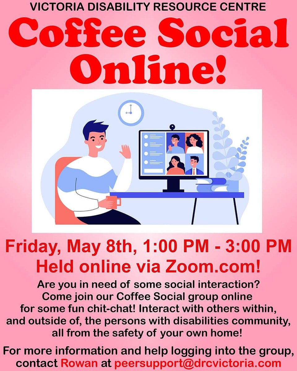 DRCVictoria's tweet photo. The VDRC is hosting another Coffee Social online group this Friday, May 8th, from 1:00 to 3:00! Check out the link below for more details!
https://t.co/lpwkLpB1SX
#victoriadisabilityresourcecentre #vdrc #coffeesocial #online #yyj #personswithdisabilities https://t.co/7Bq8uvRlOp