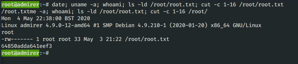 0xGreen3's tweet photo. Admirer @admirer from @hackthebox_eu rooted!! Great box! was stuck at couple of place but at the end it was a great journey. Learned 3 new solid concepts. #pwned #thankyou #hackthebox #baaz #hacking #hackers #april #april2020 #redteam #year2020 #HackTheBox #hack #hackingForFun https://t.co/iBrv9usGaG