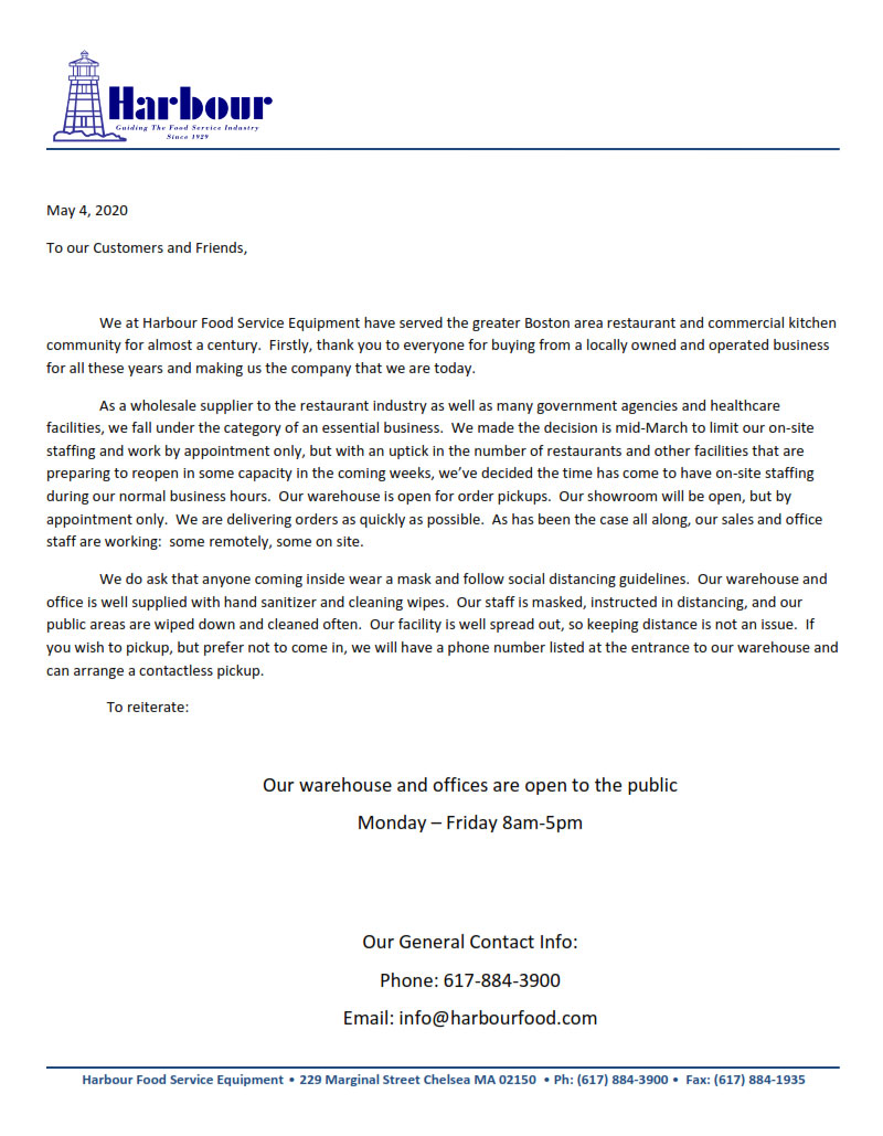 Update... we're open our regular business hours again (Mon-Fri 8am-5pm).  Details below...