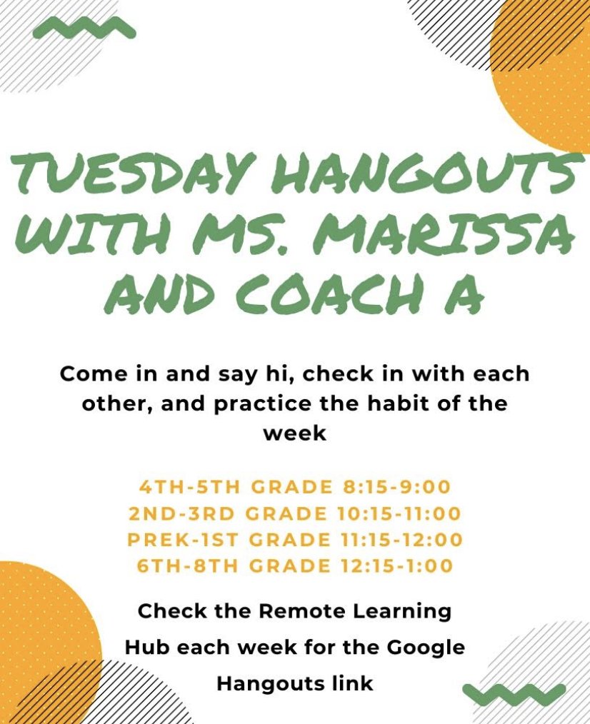 tseall1's tweet photo. Students and Families: check the remote learning hub for the schedule and link to your google hangout session https://t.co/rTACbf4sDB