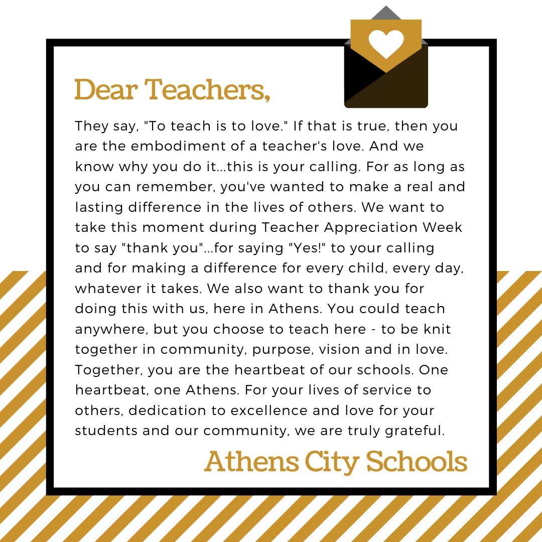 AthensALSchools's tweet photo. We 💛🖤our teachers! #oneheartbeat #oneathens #acommunityconnected #TeacherAppreciationWeek https://t.co/AhcMZEi82k