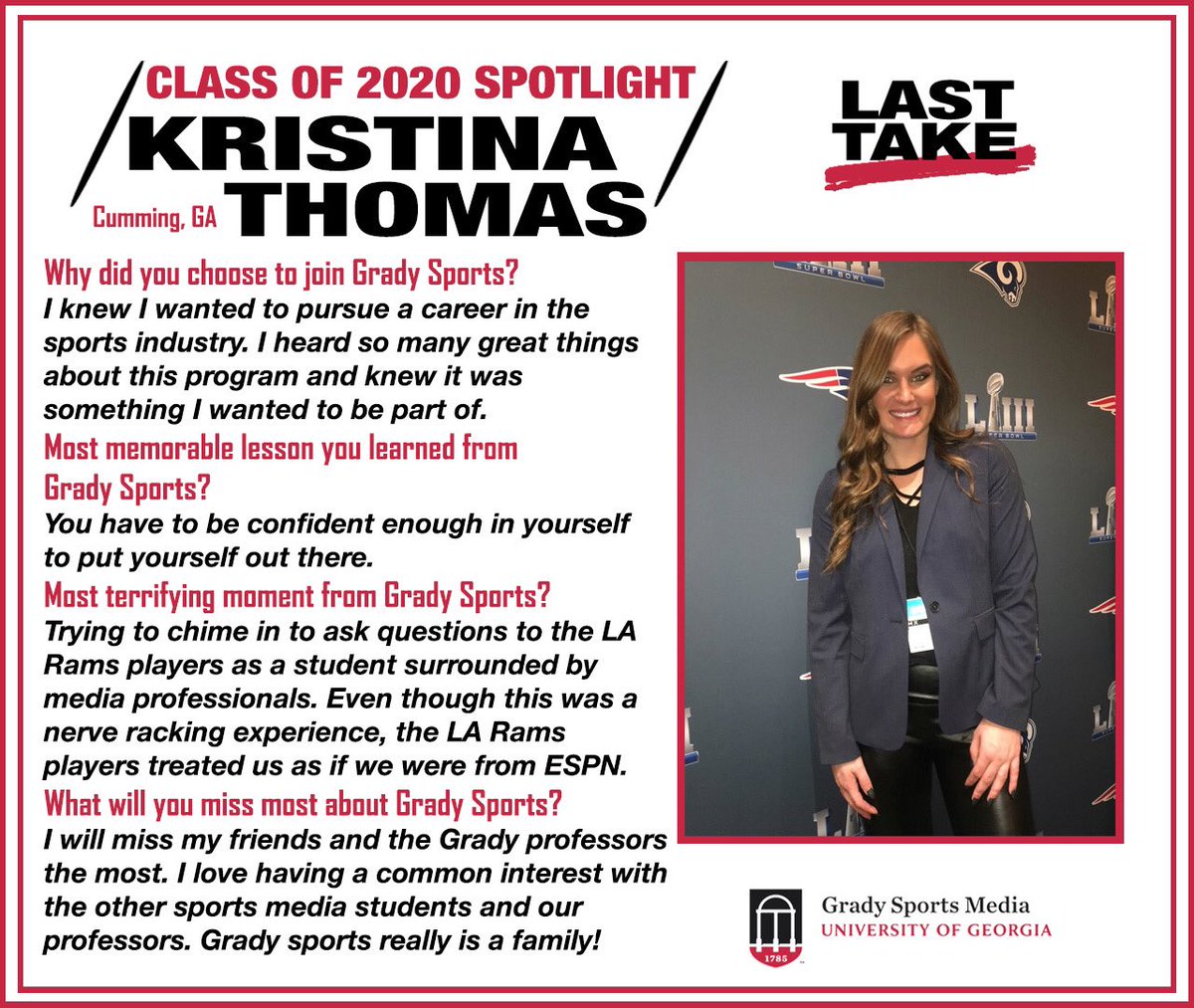 SportsMediaUGA's tweet photo. Next up in #Classof2020 Spotlight is Kristina Thomas.
Kristina is from Cumming, GA. She attended Super Bowl media days in Intro to Sports. She also ran social media for the track and field teams for Clarke Central last semester.
Congrats @kristinathomas2 ! #LastTake https://t.co/HEmLK935an