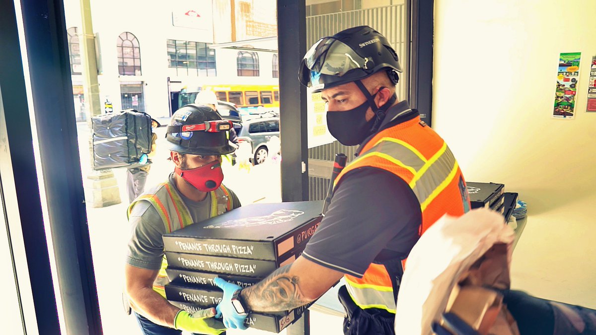 PerlaOnBroadway's tweet photo. Supporting over 400 essential construction workers at #PerlaonBroadway (and a couple of our beloved pizza joints!), we purchased 150 pizzas from @eatpurgatory and @pizzanista last week as a special thank you for their bravery and hard work during this time. #LAStrong #ThankYou https://t.co/0kmrQMI6LQ